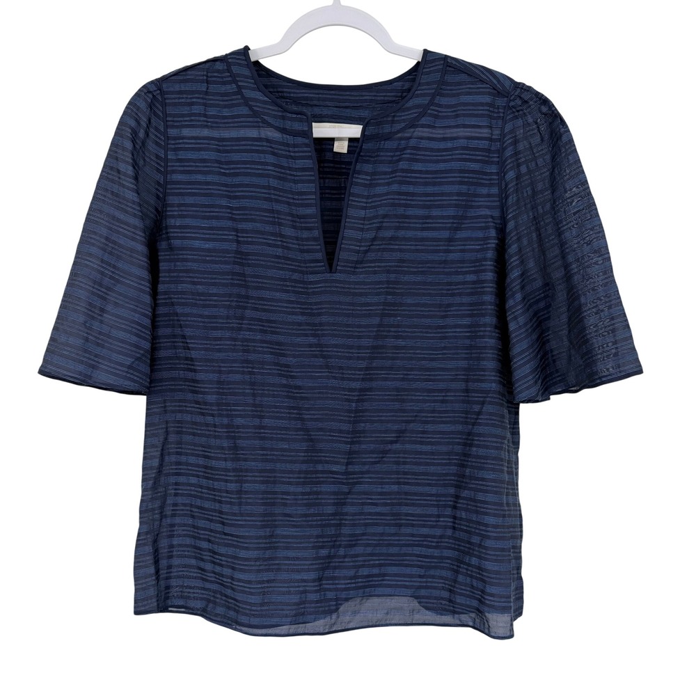 Nordstrom Collection Navy Blue Striped Silk Blend Split Neck Blouse Top Large